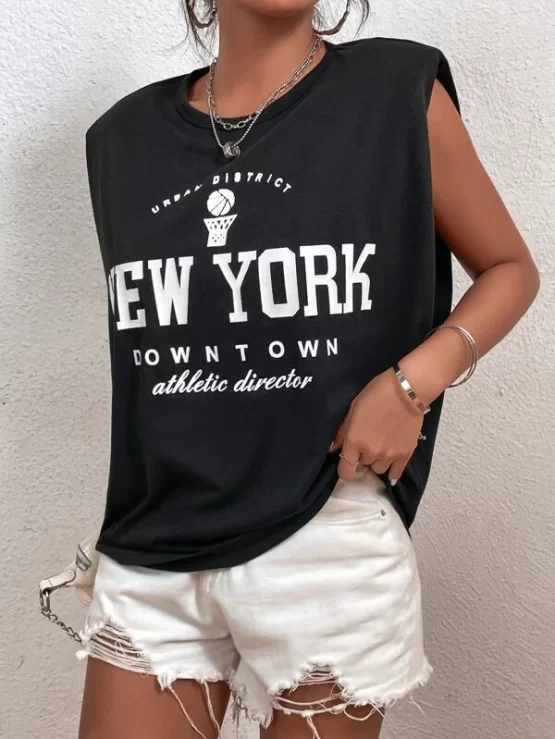 Letter Casual Graphic Shoulder Pad Tank Top - Image 3