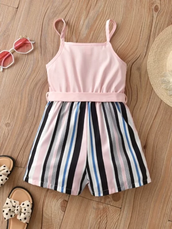 Toddler Girls Colorful Striped Button Front Belted Cami Romper - Image 2