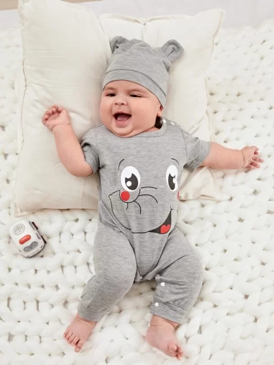 Baby Cartoon Button Graphic Tee Jumpsuit & Hat - Image 2
