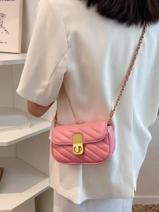 Mini Stitch Detail Metal Lock Design Chain Square Bag - Image 3