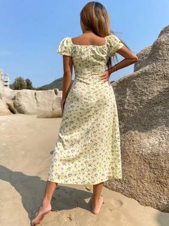 Ditsy Floral Sweetheart Neck Tie Front Split Thigh Dress - Image 2