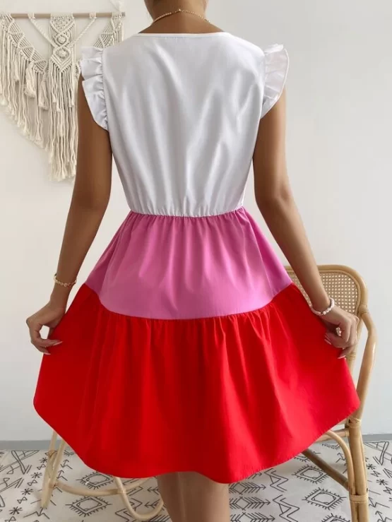 Color Block Flutter Sleeve Ruffle Hem Dress - Image 2