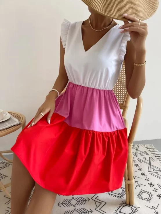 Color Block Flutter Sleeve Ruffle Hem Dress - Image 3