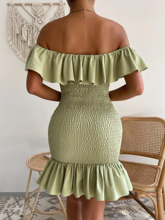 Off Shoulder Ruffle Trim Shirred Bodycon Dress - Image 2