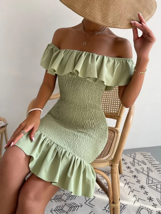 Off Shoulder Ruffle Trim Shirred Bodycon Dress - Image 3