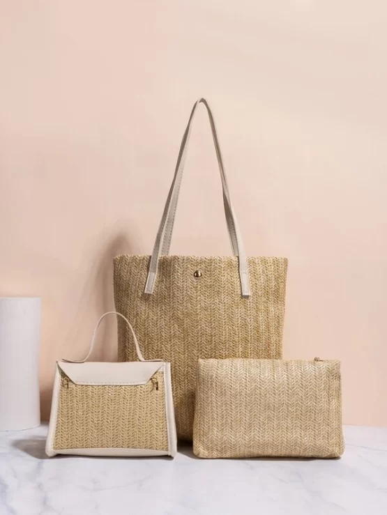 Three Pieces Twilly Scarf Straw Decor Bag Set - Image 2