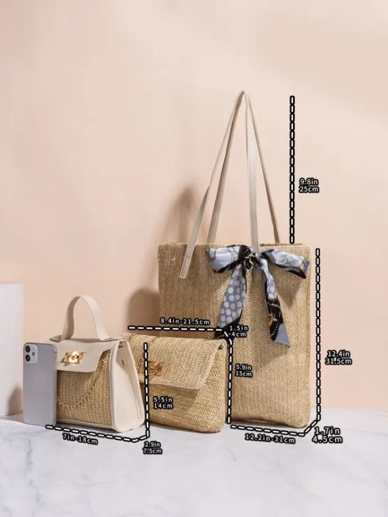 Three Pieces Twilly Scarf Straw Decor Bag Set - Image 3