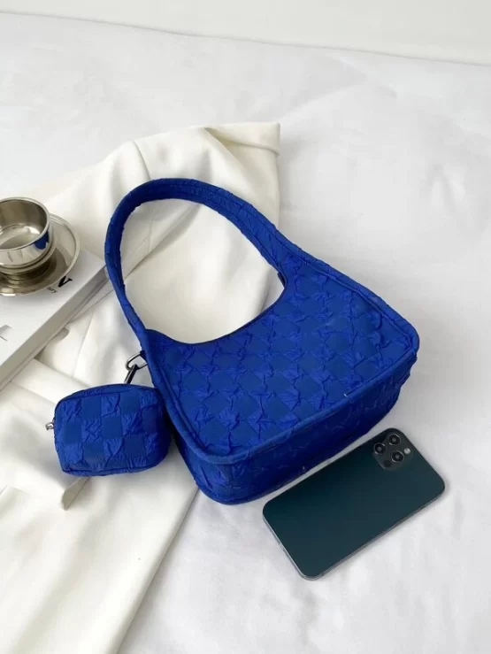 Mini Checkered Pattern Baguette Bag With Coin Purse - Image 3