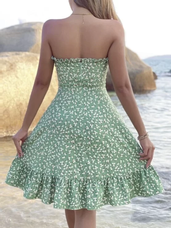 Ditsy Floral Print Knot Front Ruffle Hem Tube Dress - Image 2