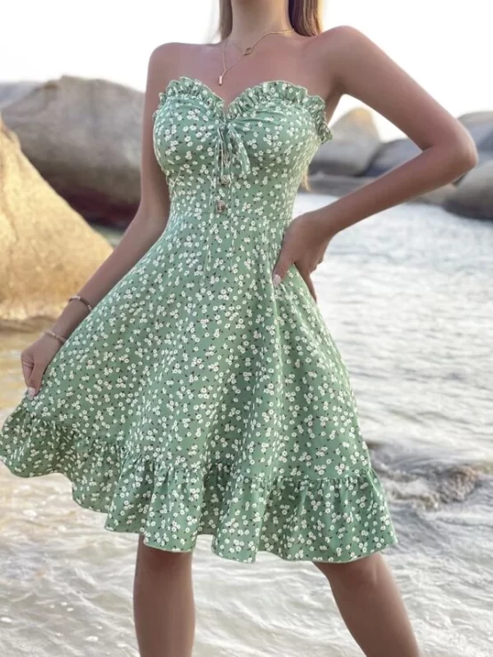 Ditsy Floral Print Knot Front Ruffle Hem Tube Dress - Image 3