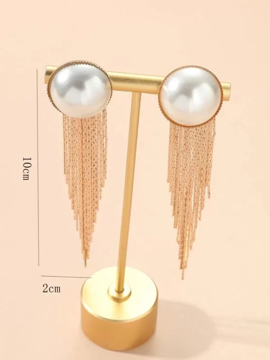 Faux Pearl Decor Metal Tassel Drop Earrings - Image 3