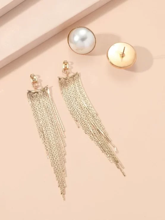 Faux Pearl Decor Metal Tassel Drop Earrings - Image 2