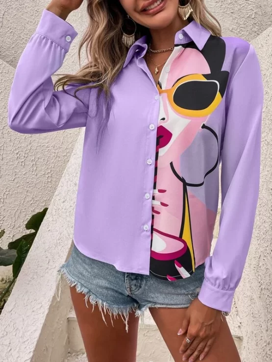 Figure Casual Collar Graphic Button Front Blouse - Image 3
