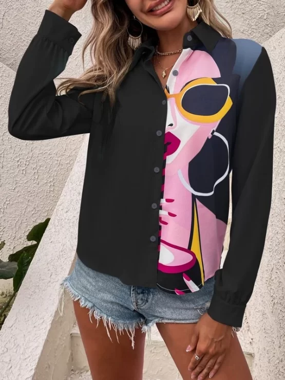 Figure Casual Collar Graphic Button Front Blouse - Image 8
