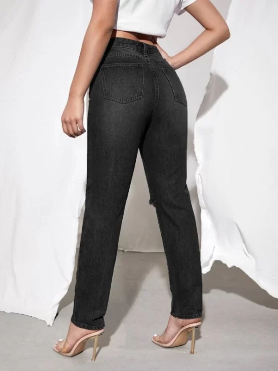 Zipper Fly Ripped Tapered Button Pocket Jeans - Image 4