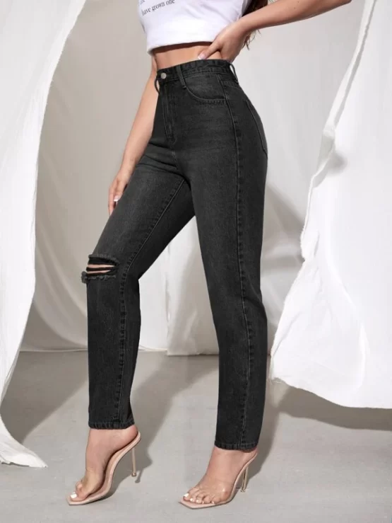 Zipper Fly Ripped Tapered Button Pocket Jeans - Image 5
