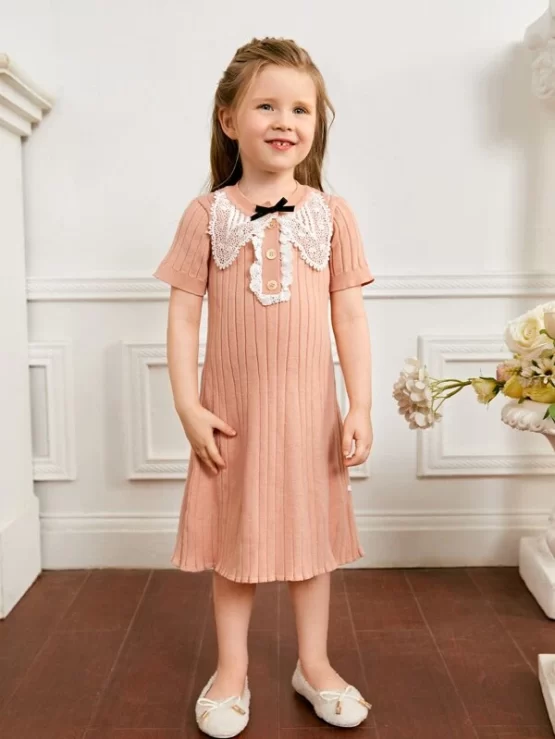 Toddler Girls Contrast Guipure Lace Bow Front Sweater Dress - Image 3