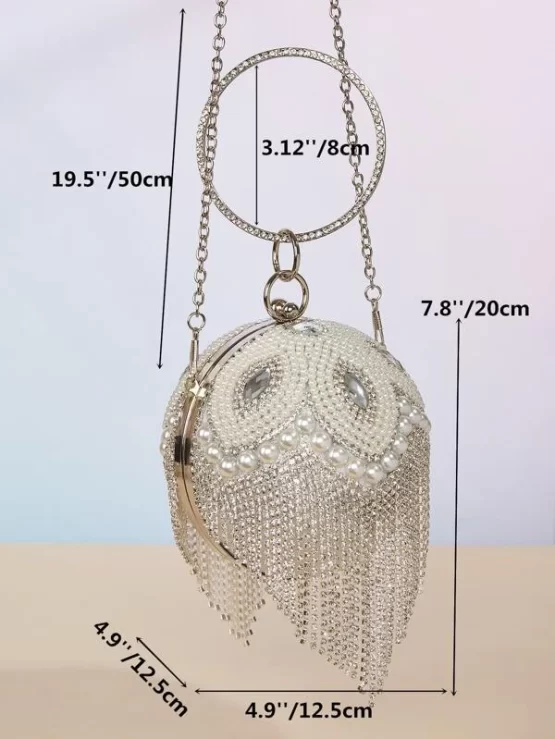 Mini Faux Pearl & Rhinestone Fringe Decor Circle Bag - Image 2
