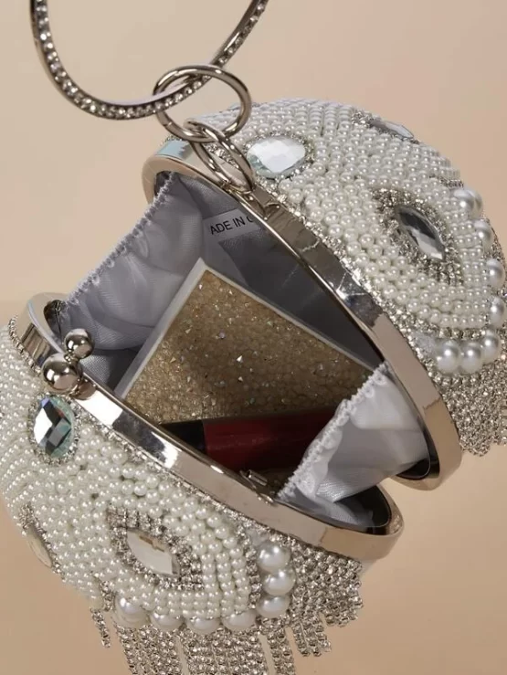 Mini Faux Pearl & Rhinestone Fringe Decor Circle Bag - Image 3