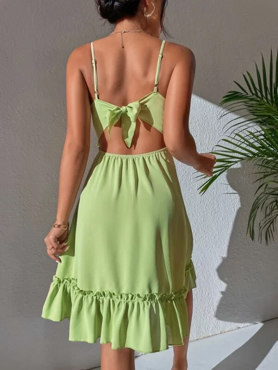 Contrast Guipure Lace Backless Knot Ruffle Hem Cami Dress - Image 2