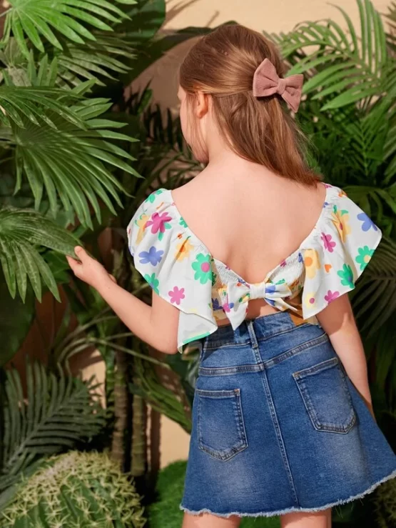 Girls Floral Print Shirred Bow Back Butterfly Sleeve Crop Blouse - Image 3