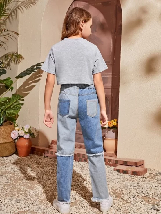 Girls Slogan & Butterfly Print Tee & Two Tone Raw Trim Jeans - Image 2