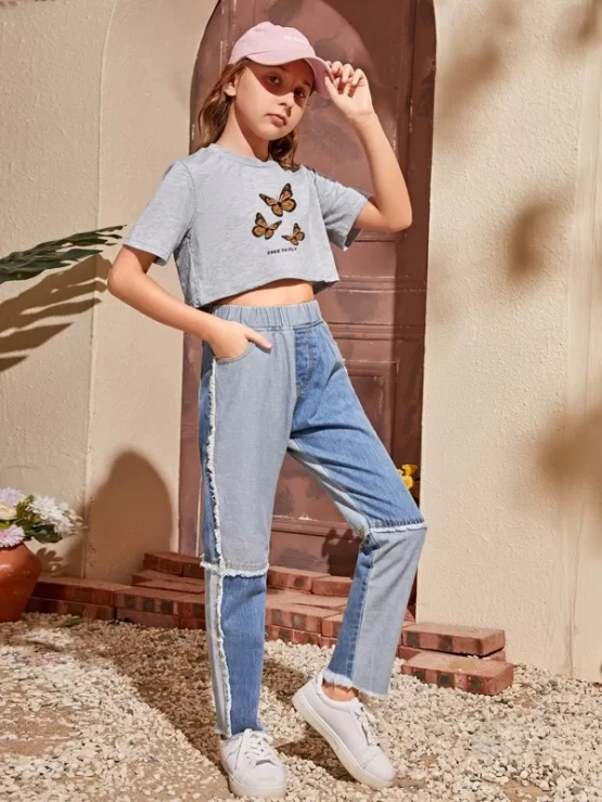 Girls Slogan & Butterfly Print Tee & Two Tone Raw Trim Jeans - Image 3