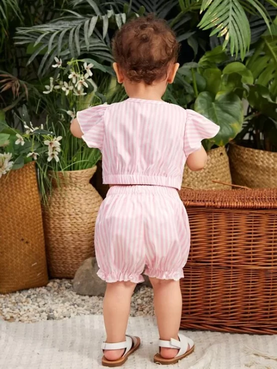 Baby Striped Twist Butterfly Sleeve Crop Top & Shorts Without Headband - Image 3