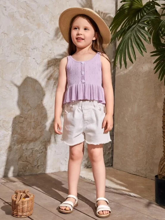 Toddler Girls Eyelet Detail Peplum Knit Button Front Top - Image 3