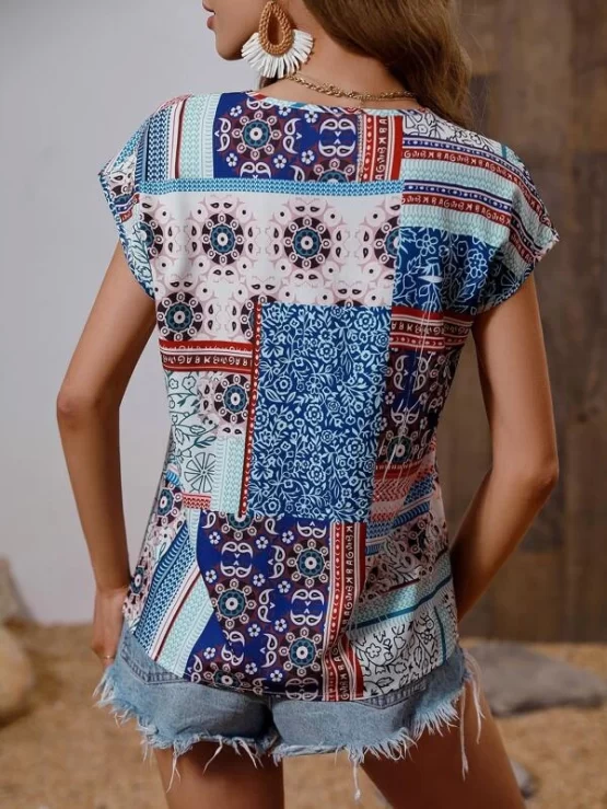 Patchwork Tribal Print Batwing Sleeve Blouse - Image 2