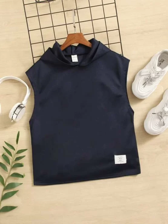 Boys Plain Casual Patched Detail Hooded Tank Top - Image 3