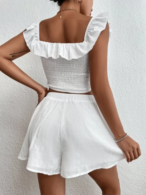 Ruffle Trim Shirred Boho Back Crop Top & Shorts - Image 2