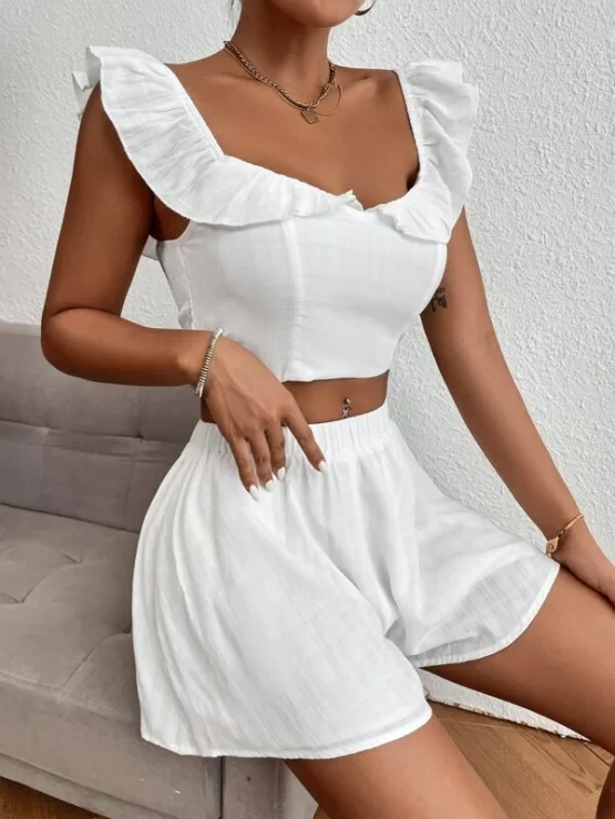 Ruffle Trim Shirred Boho Back Crop Top & Shorts - Image 3
