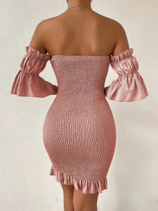 Off Shoulder Flounce Sleeve Shirred Ruffle Hem Bodycon Dress - Image 2
