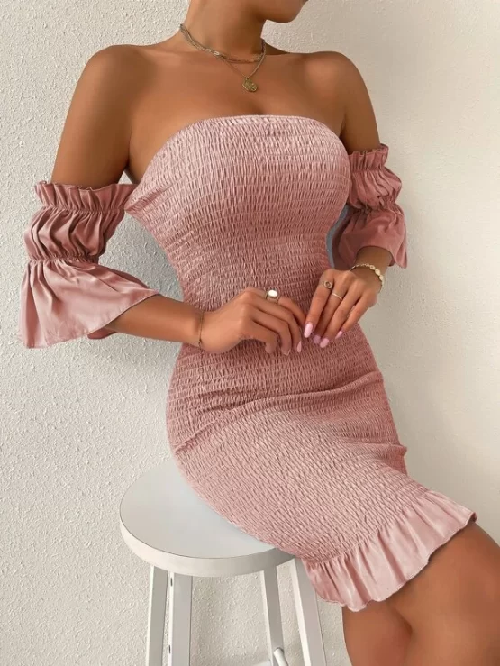 Off Shoulder Flounce Sleeve Shirred Ruffle Hem Bodycon Dress - Image 3