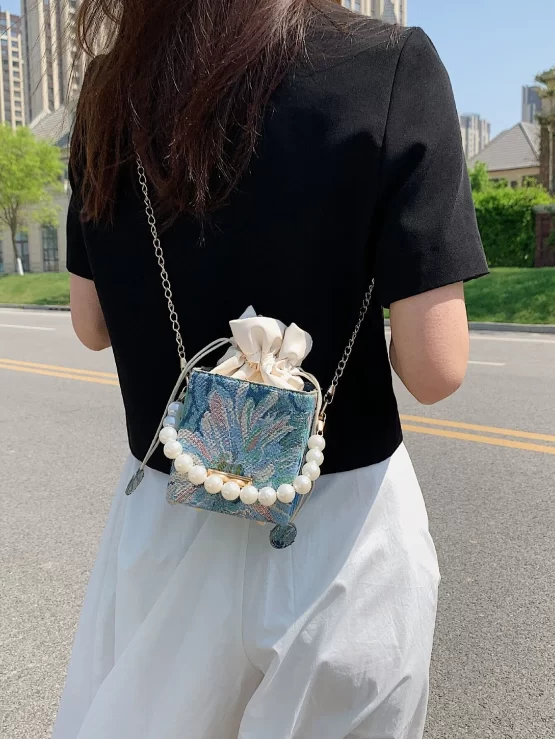 Mini Floral Pattern Faux Pearl Decor Bucket Bag - Image 3