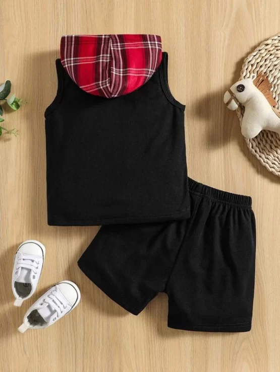 Baby Plaid Print Hooded Pocket Tank Top & Shorts - Image 2