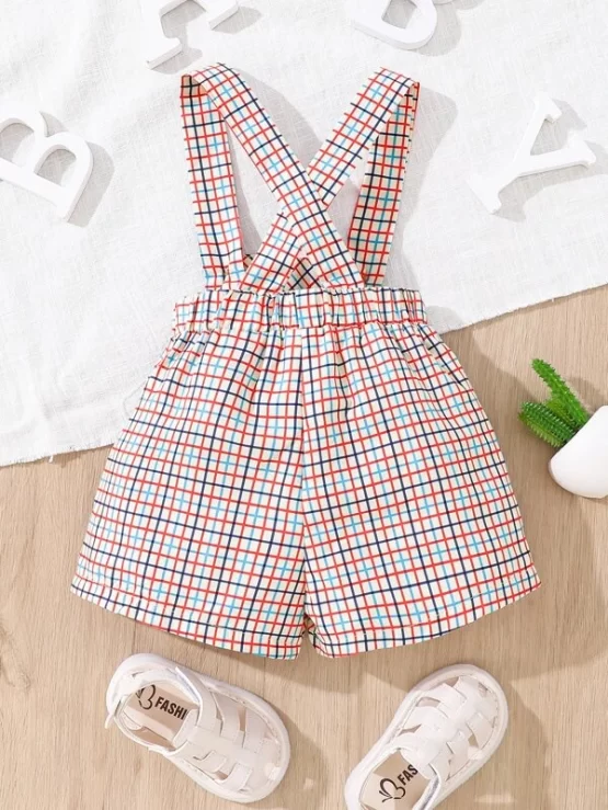 Baby Plaid Button Front Criss Cross Back Strap Overall - Image 3