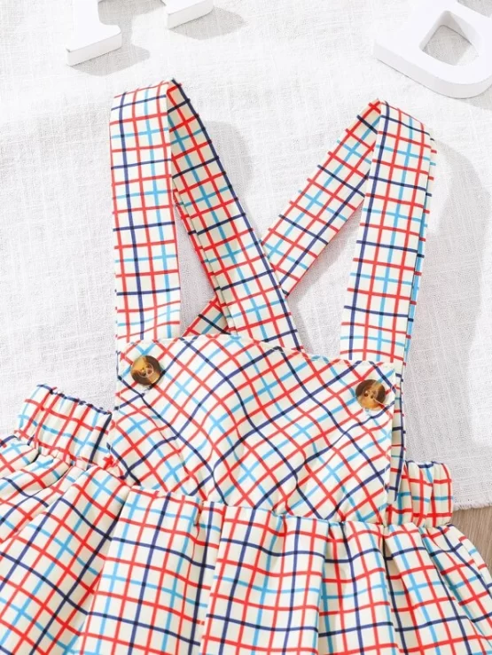 Baby Plaid Button Front Criss Cross Back Strap Overall - Image 2
