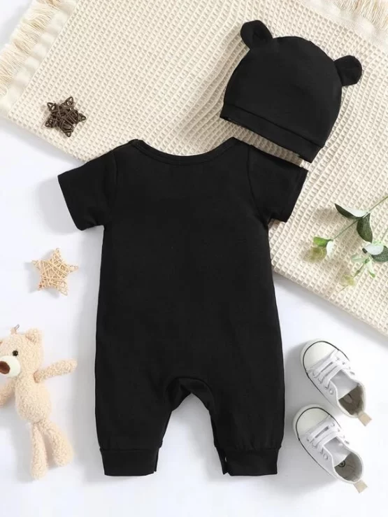 Baby Cartoon Button Graphic Tee Jumpsuit & Hat - Image 6