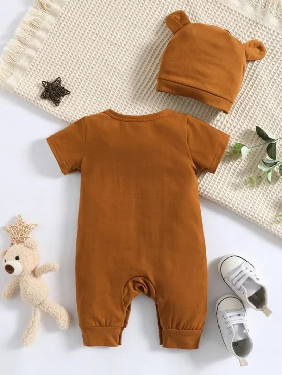 Baby Cartoon Button Graphic Tee Jumpsuit & Hat - Image 5