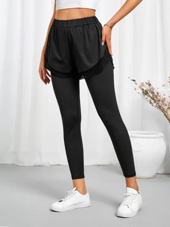 Solid Contrast Mesh 2 In 1 Sports Leggings - Image 2