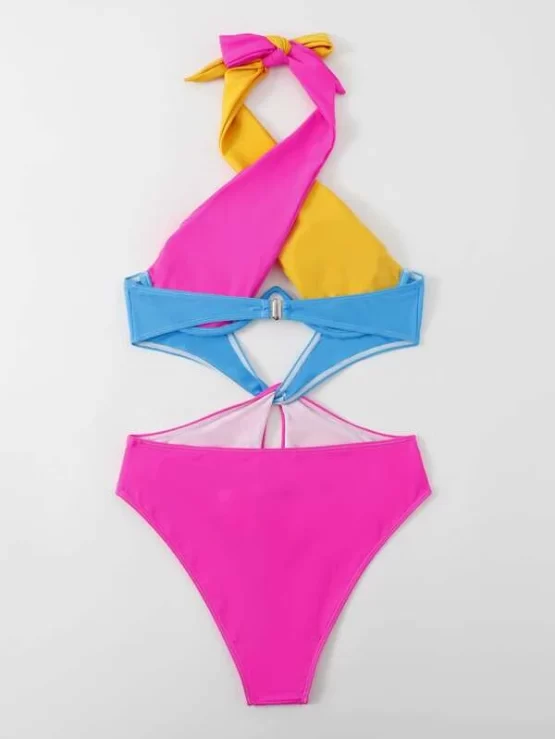 Colorblock Cut Out Tie Back Underwire One Piece Swimsuit - Image 2