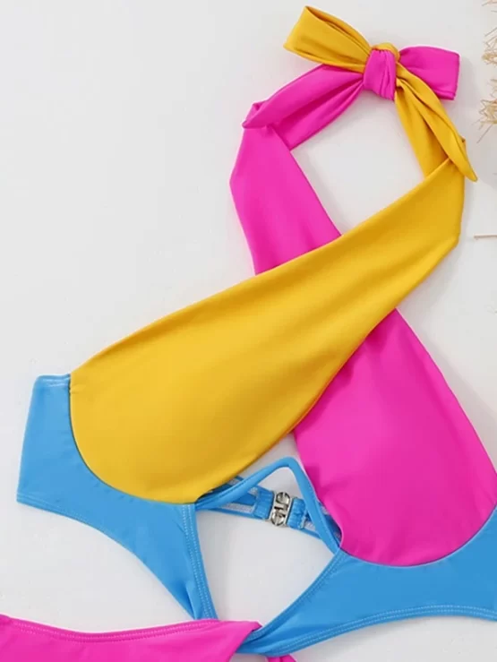 Colorblock Cut Out Tie Back Underwire One Piece Swimsuit - Image 3