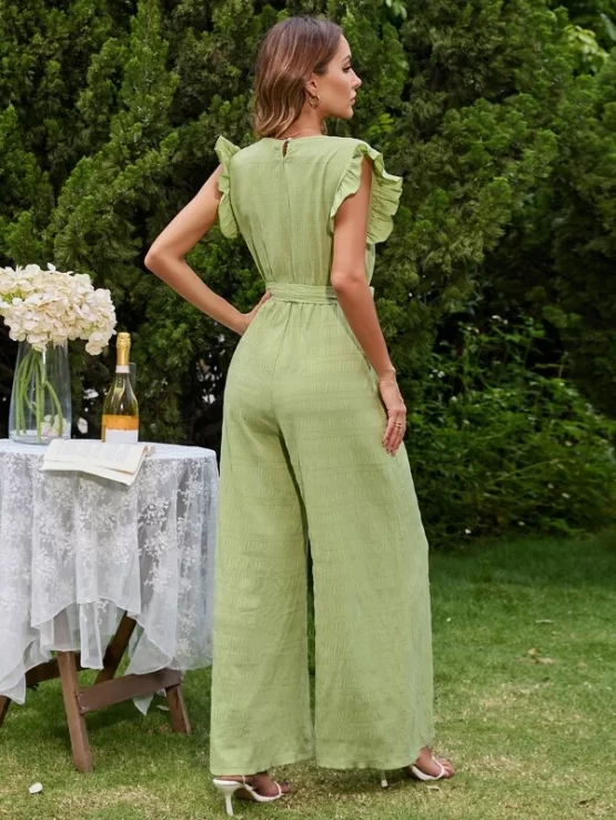 Ruffle Trim Surplice Neck Wrap Belted Jumpsuit - Image 2
