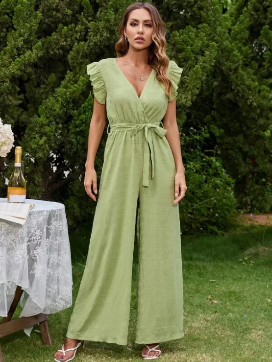 Ruffle Trim Surplice Neck Wrap Belted Jumpsuit - Image 3