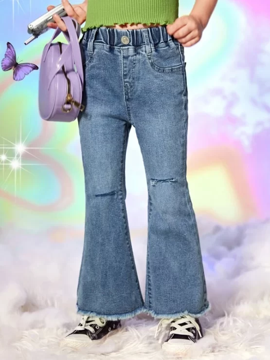 Toddler Girls Ripped Raw Hem Flare Leg Jeans - Image 2
