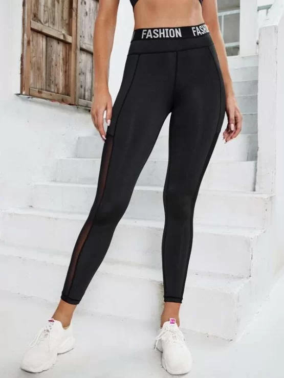 Contrast Letter Tape Mesh Insert Sports Leggings - Image 2