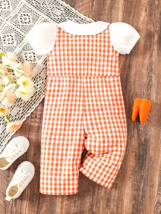 Baby Gingham Print Contrast Puff Sleeve Jumpsuit - Image 3