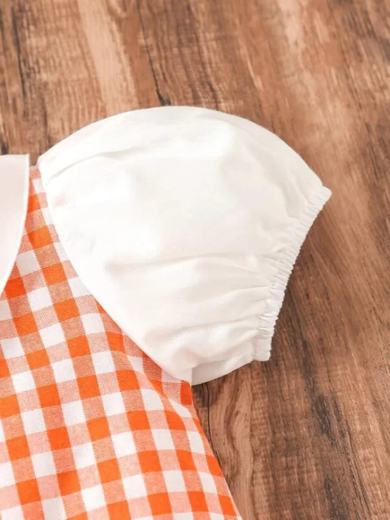 Baby Gingham Print Contrast Puff Sleeve Jumpsuit - Image 2